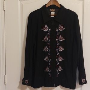 Bob Mackie Wearable Art Women's jacket. Black with tulip-like embroidery design
